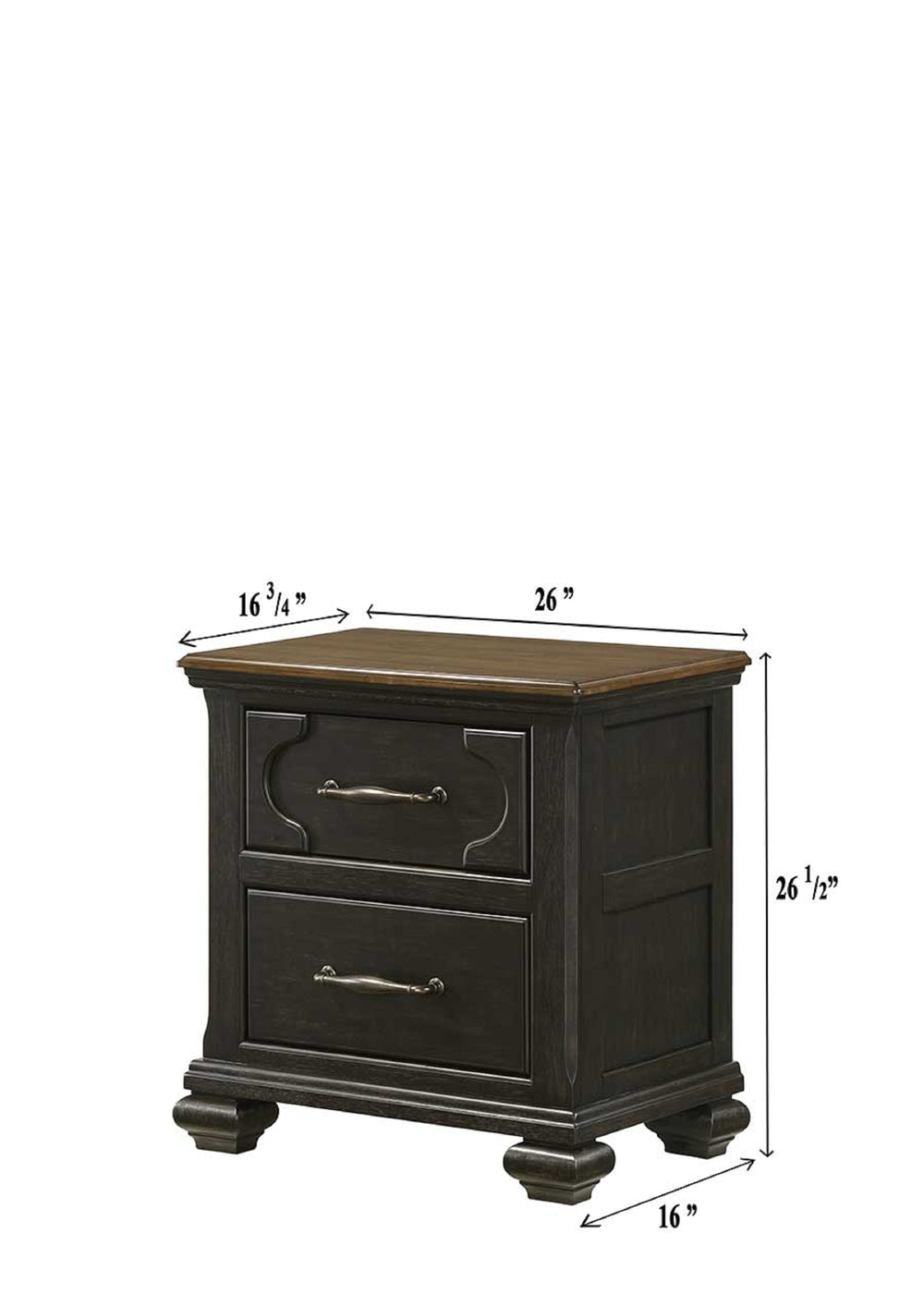 English Elm 1pc Two-Drawer Nightstand 26"H Dark Brown Wood Case Gray-Brown Finish Metal Knobs, Compact Storage B011P218285