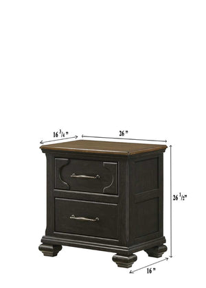 English Elm 1pc Two-Drawer Nightstand 26"H Dark Brown Wood Case Gray-Brown Finish Metal Knobs, Compact Storage B011P218285