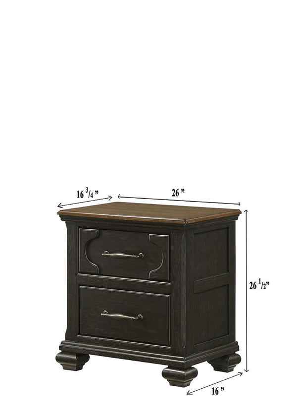 English Elm 1pc Two-Drawer Nightstand 26"H Dark Brown Wood Case Gray-Brown Finish Metal Knobs, Compact Storage B011P218285