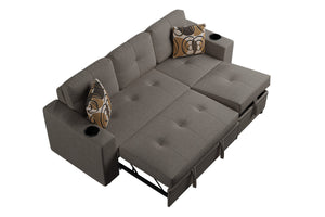 English Elm Poundex Reversible Convertible Sectional with Storage, Cup Holders, Tufted Cushions & Chaise Bed B089S00174
