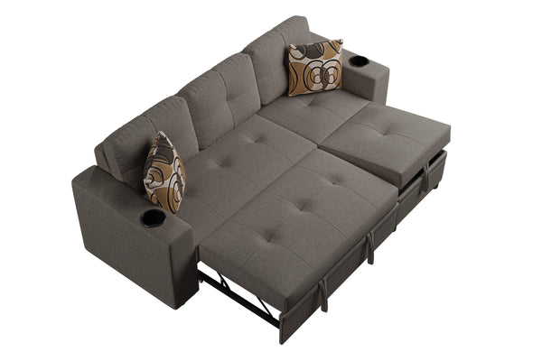 English Elm Poundex Reversible Convertible Sectional with Storage, Cup Holders, Tufted Cushions & Chaise Bed B089S00174