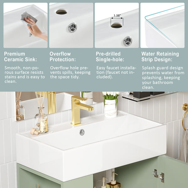 English Elm 21.6" Green Bathroom Vanity with Ceramic Sink, Left Side Storage, Gold Legs, Soft-Close, Modern Finish SV000007AAF