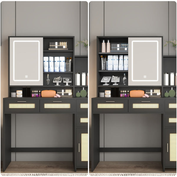 English Elm Makeup Vanity with Lights, Openable Mirror & Ample Storage Shelves, 4 Drawers and Cabinet Elegance Black W2227P160482