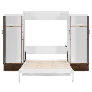English Elm Queen Murphy Wall Bed with Fold Down Desk Dual Wardrobes and Drawers in White LP000925AAK-1