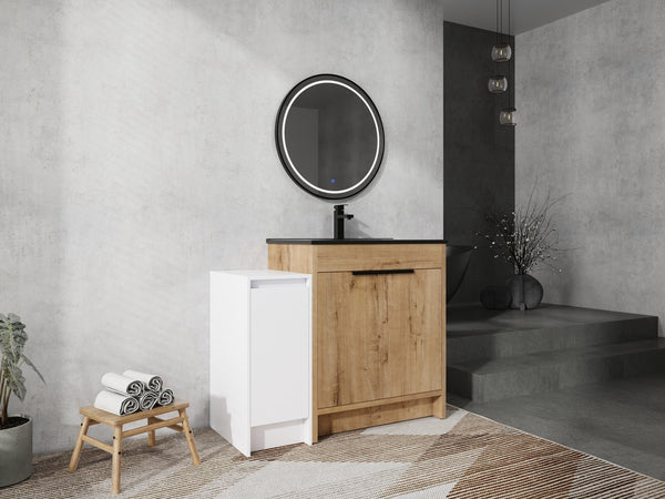 English Elm 42 Inch Freestanding Bathroom Vanity With Black Ceramic Sink, Soft-Close Doors, And Storage Solutions W999S00310