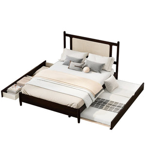 English Elm Queen Size Wooden Rattan Platform Bed With Spacious Storage Drawers & Twin Trundle In Espresso Finish N820S00002P-GIGA