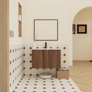 English Elm 30" Floating Bathroom Vanity Dark Oak Cabinet Ceramic Sink Open Shelf Soft Close Brown Ebony,Glossy White W3450P435839