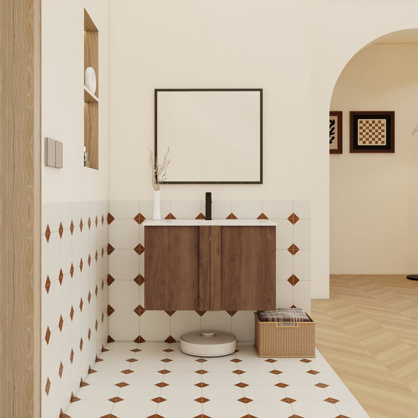 English Elm 30" Floating Bathroom Vanity Dark Oak Cabinet Ceramic Sink Open Shelf Soft Close Brown Ebony,Glossy White W3450P435839