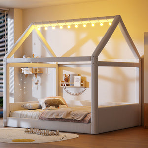 English Elm Full Size Upholstered House Daybed With Led Lighting, Cozy Beige Corduroy For Kids & Guests N7500001335A