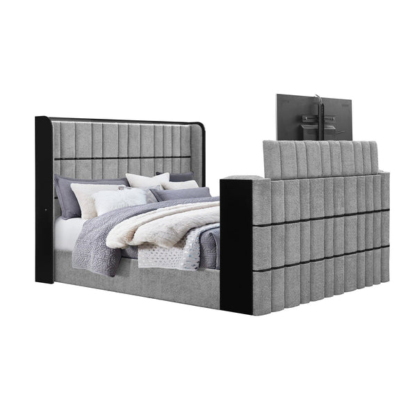 English Elm Isaiah Ultra-Soft Upholstered 5PC Bedroom Set with 50" TV Lift, LED, Speakers & Fireplace Queen B201S00407