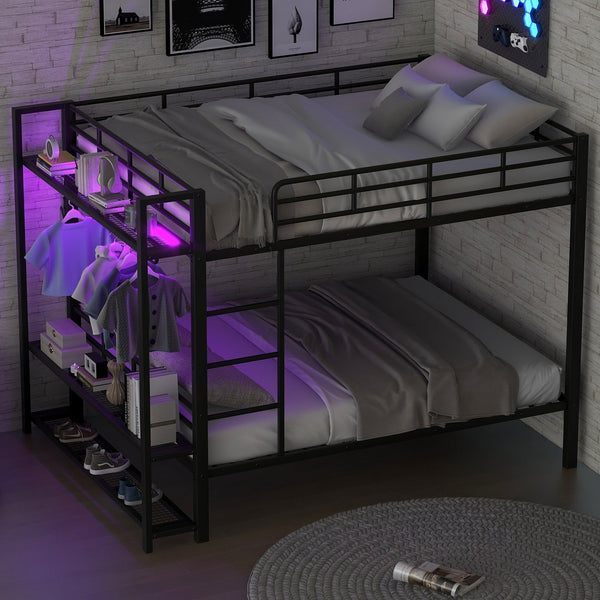 English Elm Full Size Metal Bunk Bed With Led Lighting, Storage Shelves & Hooks - Stylish Space Saver For Teens N7090000667B