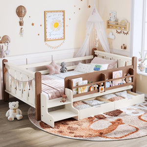 English Elm Twin Pine Floor Bed with Guardrails Built-in Bookcases and Stair Steps for Kids Beige W1580P430199