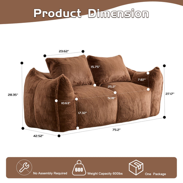 English Elm Giant Ultra Soft Fluffy Loveseat Bean Bag Sofa for Adults, Oversized Shredded Foam Couch with Pillows Brown W3723P353895