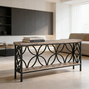 English Elm Coffee Console Table Industrial Metal Frame Vintage Wood Grain 2 Tier Entryway Sofa Black,Gray T3971P446598