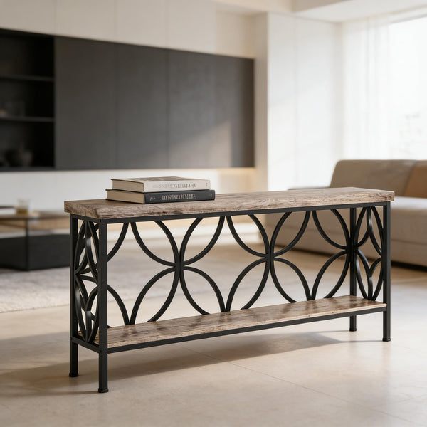 English Elm Coffee Console Table Industrial Metal Frame Vintage Wood Grain 2 Tier Entryway Sofa Black,Gray T3971P446598