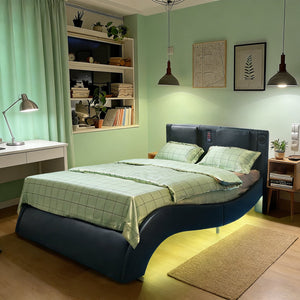 English Elm Faux Leather King Platform Bed with Rgb Lighting Bluetooth Speakers and Massage W2297S00029