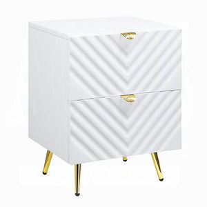 English Elm White White High Gloss 2-Drawer Nightstand with Gold Accents, Diagonal Texture, Glamorous Storage Options B062P189206