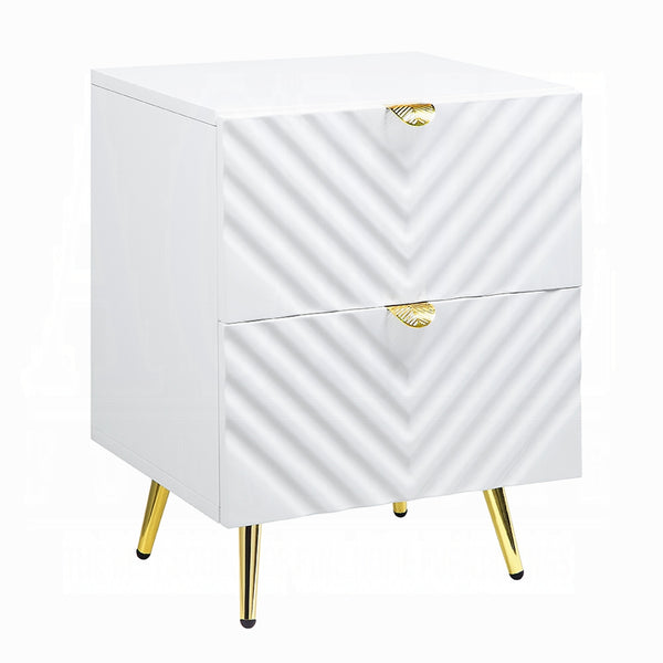 English Elm White White High Gloss 2-Drawer Nightstand with Gold Accents, Diagonal Texture, Glamorous Storage Options B062P189206