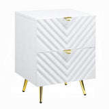 Modern White High Gloss 2-Drawer Nightstand with Wave Pattern Design & Metal Legs - 20.50 x 18.50 x 25.50