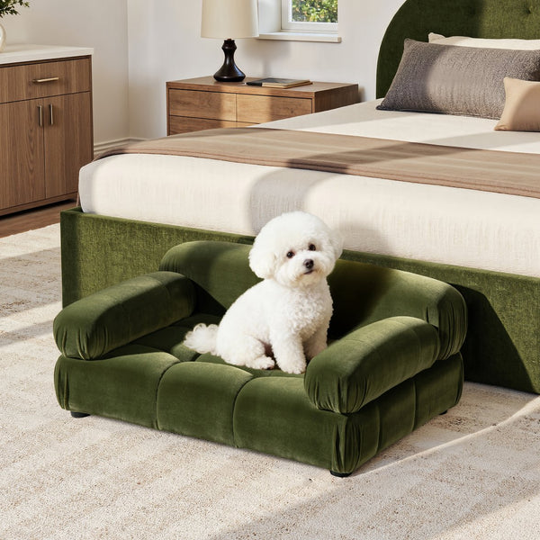 English Elm Marcel Tufted Velvet Pet Sofa Bed Bolstered Arms Stylish Small Medium Dogs Cats Olive Green B2719P448986