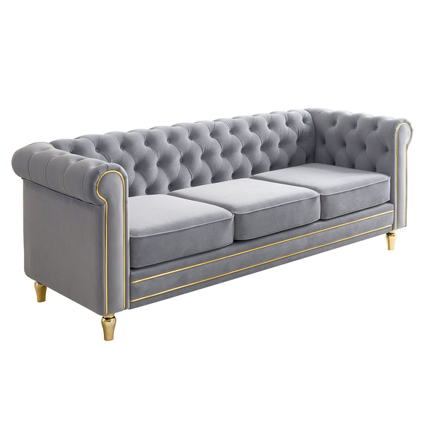 English Elm Chesterfield 84.65" Rolled Arm Velvet Sofa Light Grey with Gold Trim, Deep Tufting & Plush Seats W579P326878