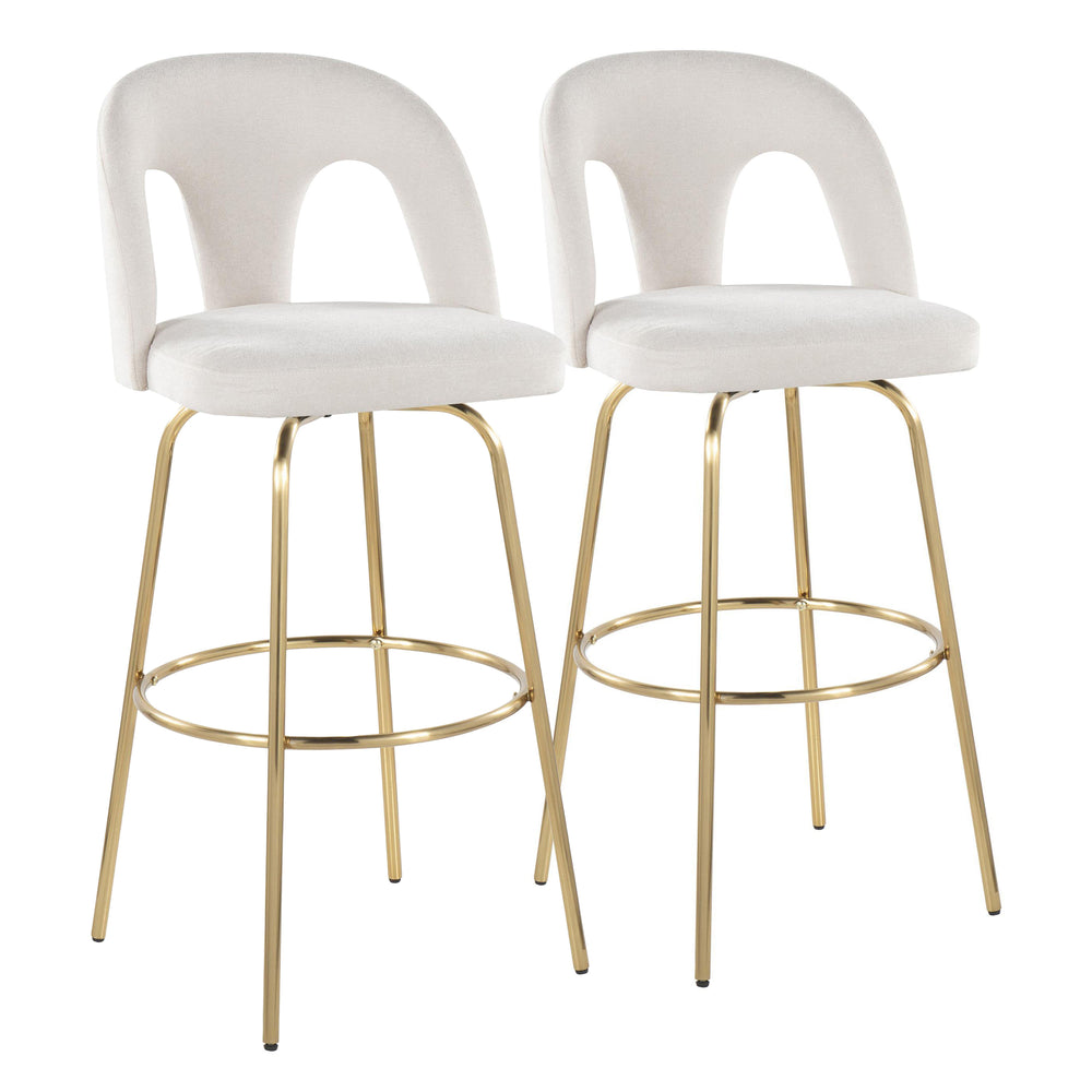 English Elm Fixed-height Swivel Barstools with Gold Footrest Black Frame White Upholstery Set B202S01871