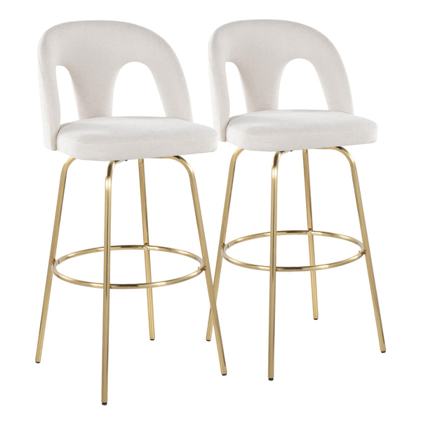 English Elm Fixed-height Swivel Barstools with Gold Footrest Black Frame White Upholstery Set B202S01871