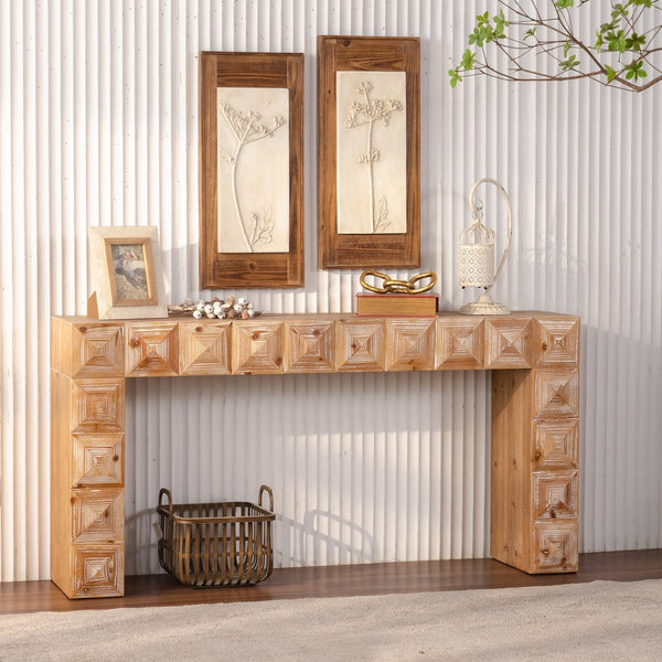 English Elm 59.06" Solid Wood Entryway Console Table with Hand Carved Geometric Relief Detailing W3158P426660