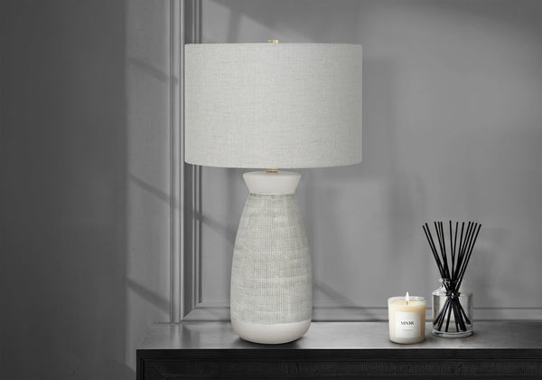 English Elm Lighting, 27"h ceramic table lamp with textured vase base, beige linen drum shade & gold finial Grey 17 L x 17 W x 19 H B2710P220141