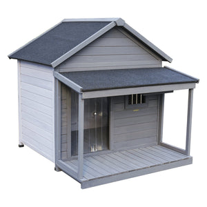 English Elm Large Breed Outdoor Doghouse Solid Fir Wood Covered Porch Weatherproof Asphalt Roof W1431S00011