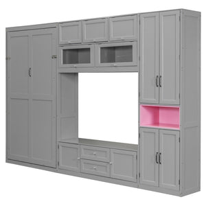 English Elm Twin Murphy Wall Bed with Integrated Tv Stand Open Shelving and Cabinet Storage LP000768AAE