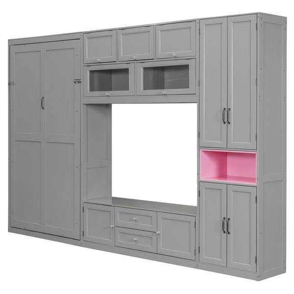 English Elm Twin Murphy Wall Bed with Integrated Tv Stand Open Shelving and Cabinet Storage LP000768AAE