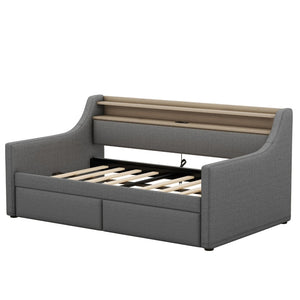 English Elm Twin Size Daybed With Built-In Storage, Charging Station & Led Lights - Stylish Gray Upholstered Design W1580S00060-GIGA