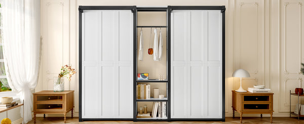 English Elm Twin Twin Murphy Bed with Metal Frame, Foldable 2-in-1 Space-Saving Design, Built-In Wardrobe, Shelves, Power Outlets and Durable Storage Solution Off White W1580S00147