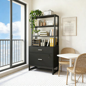 English Elm Ample Steel Office Filing Cabinet with Open Bookcase Shelves and Locking Document Drawers Black T3971P448270