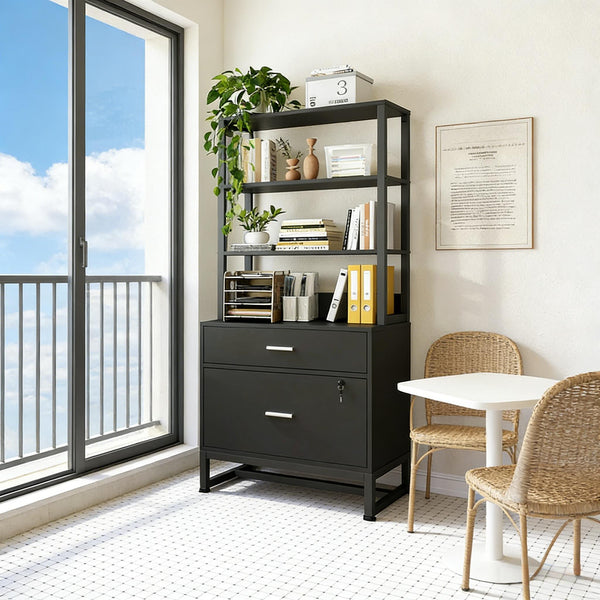 English Elm Ample Steel Office Filing Cabinet with Open Bookcase Shelves and Locking Document Drawers Black T3971P448270