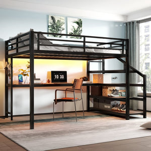 English Elm Queen Loft Bed With Desk, Storage Stairs, Led Lights & Usb Ports – Perfect For Modern Living Spaces! W1580S00477-GIGA