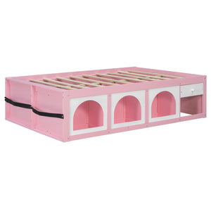 English Elm Full Size Kids Platform Bed with Led Lighting Bookshelf Display Cabinet and Storage Drawer Pink+White N820S00077H