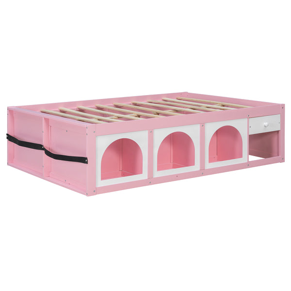 English Elm Full Size Kids Platform Bed with Led Lighting Bookshelf Display Cabinet and Storage Drawer Pink+White N820S00077H