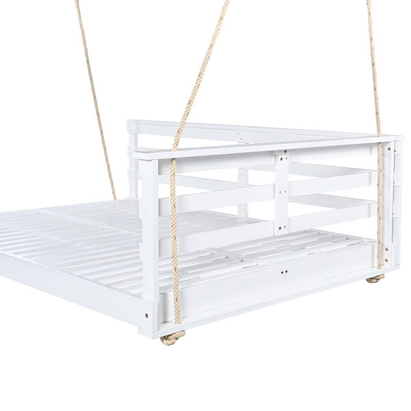 English Elm TOPMAX Acacia Wood Porch Swing Bed with 96" Hemp Ropes, Open-Side Minimalist Patio Lounger, 350lb Capacity White N717P265860K