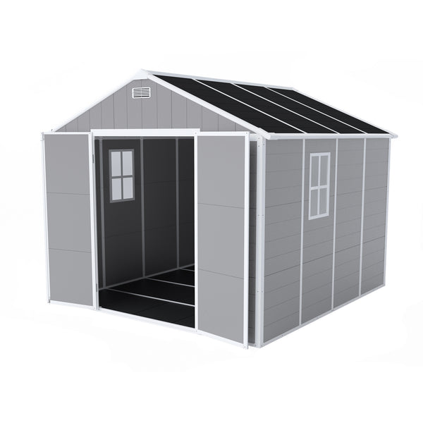 English Elm Campcraft 8x8 Ft Resin Storage Shed with Uv Resistant Polypropylene Panels and Hd Windows W1598S00013