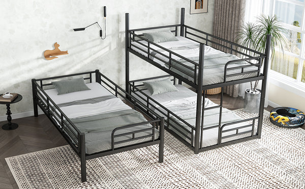 English Elm Twin Triple Metal Bunk Bed Matte Powder Coated Frame with Full Safety Guardrails Black W1580S00578