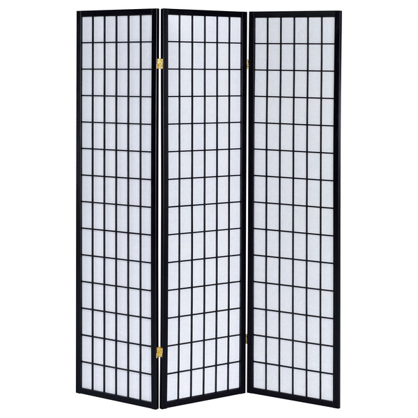 English Elm Porch 3-Panel Shoji Room Divider Screen with Warm Wood Grain, Lightweight Paper Panels, Minimalist Light Diffuser Black B062P331076