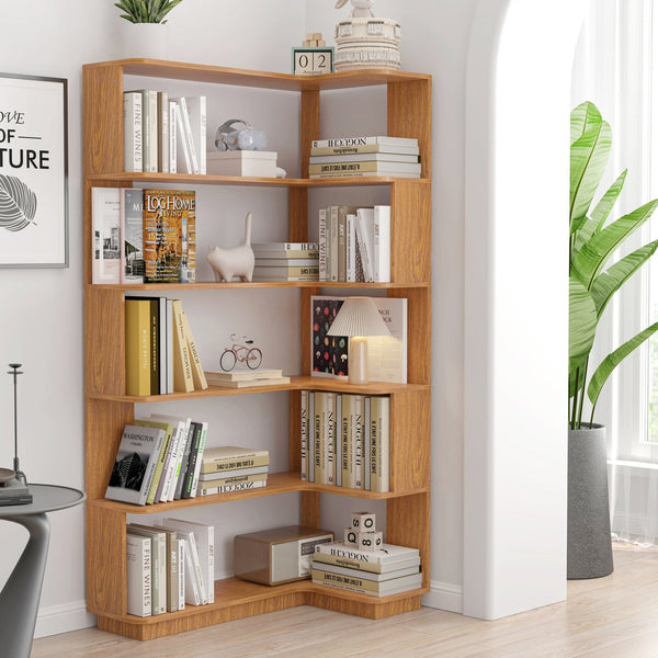 English Elm 90cm L-shaped Corner Bookcase Five Tier Mdf Open Shelving for Living Room W2899P444150