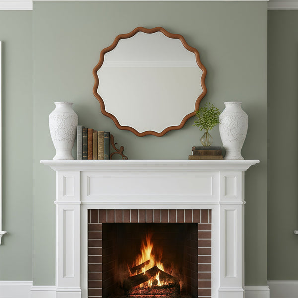 English Elm Yellowish 36in Wavy Round Solid Wood Frame Mirror, Tempered Glass, Rustic Boho Decor for Home W2203P389086