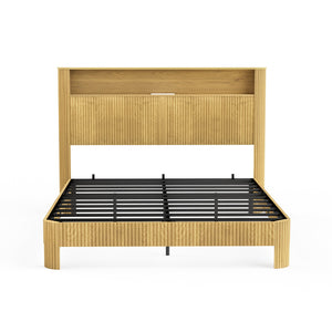 English Elm Queen Modern queen storage bed with wavy headboard, built-in USB charging, silent metal support system Natural W1162P357260