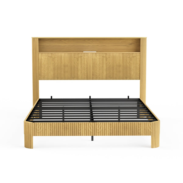 English Elm Queen Modern queen storage bed with wavy headboard, built-in USB charging, silent metal support system Natural W1162P357260