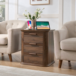 English Elm 22" Fluted Wood Nightstand with Built-in Charging Station Three Drawer Bedside Storage T5326P431148