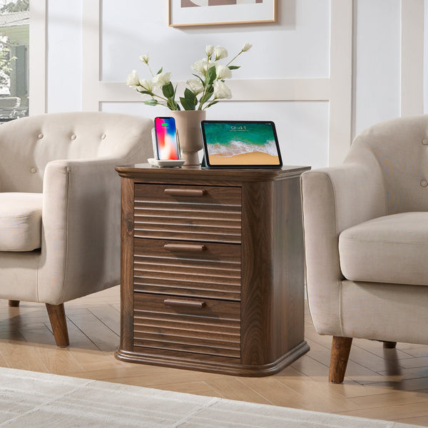 English Elm 22" Fluted Wood Nightstand with Built-in Charging Station Three Drawer Bedside Storage T5326P431148