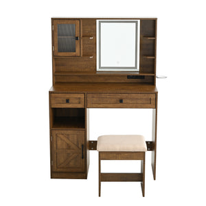 English Elm Farmhouse Makeup Vanity Desk with Lighted Mirror, Built-In Charging Station, Ample Storage and Stool Rustic Brown N844P291652W